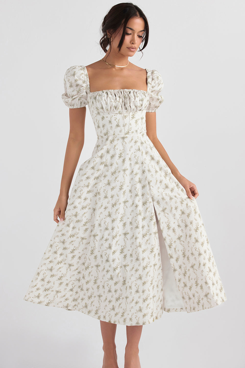 Robe d'été midi à manches bouffantes fleuries