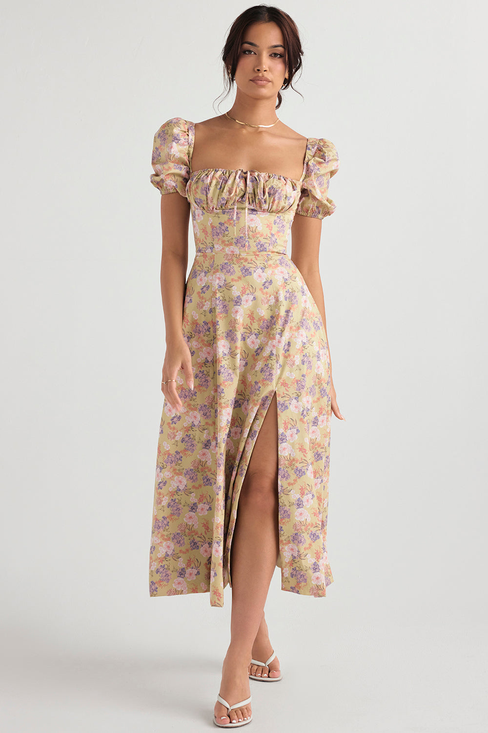 Robe d'été midi à manches bouffantes fleuries