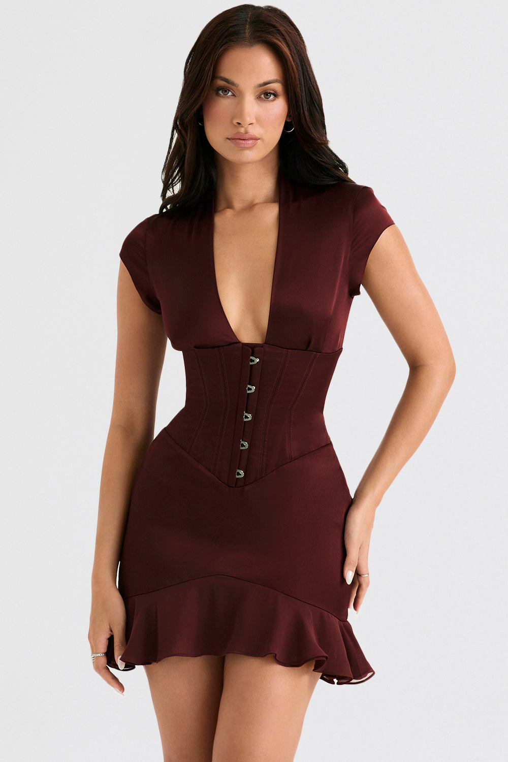 Robe corset bordeaux à volants
