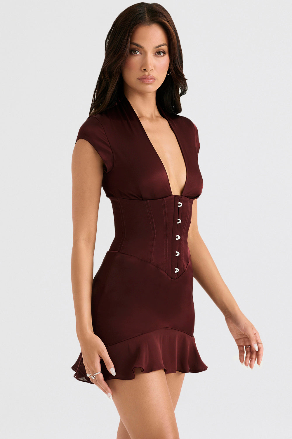Robe corset bordeaux à volants